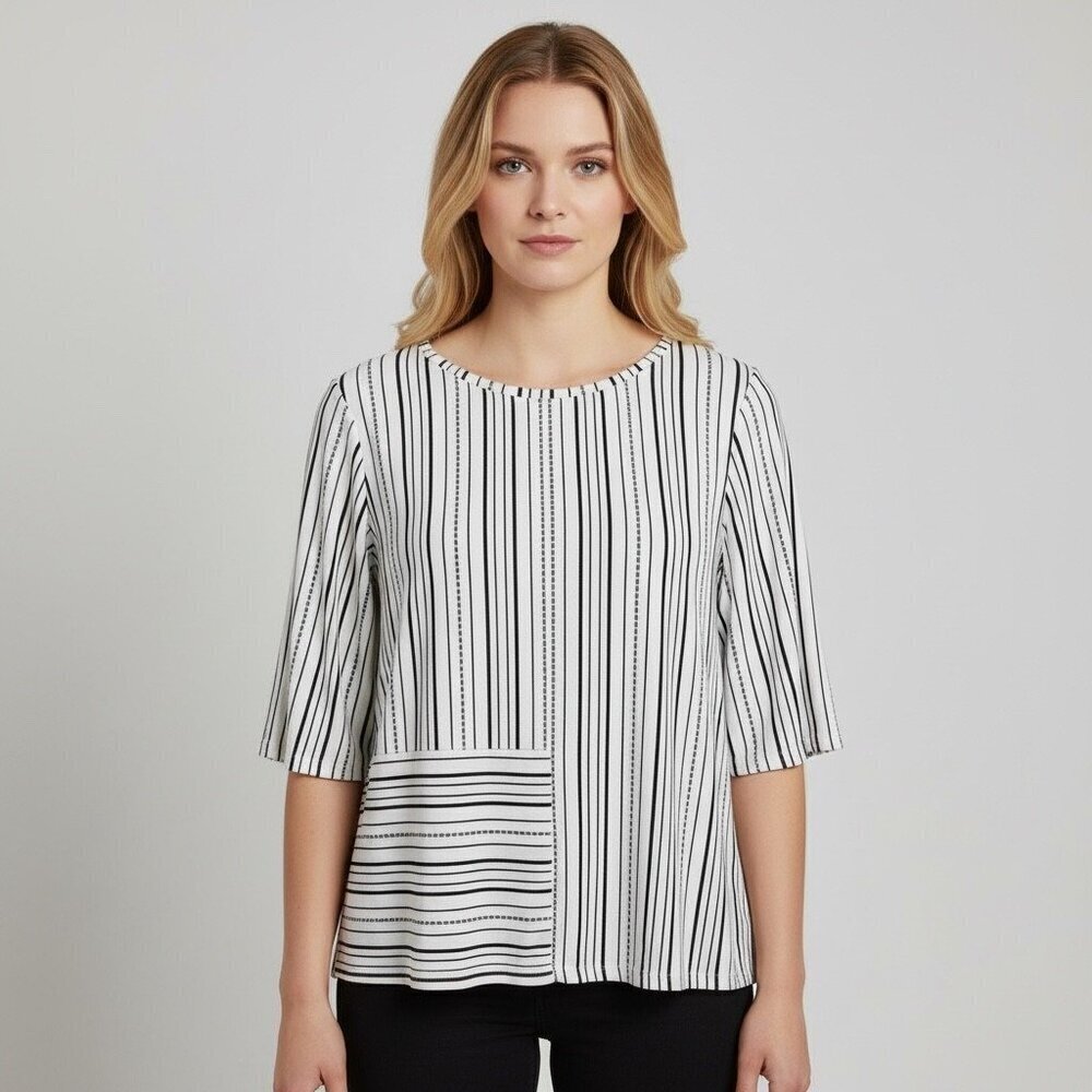 Habitat Black & Gray Stripe Knit Top Size Large Casual Lagenlook